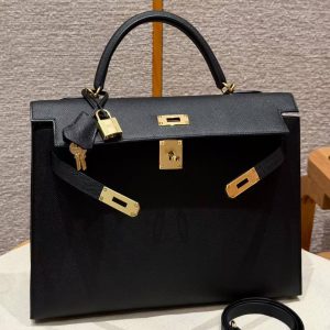 Hermes Kelly 40 Bag Handmade In Epsom Calfskin Leather Gold Hardware 89 Noir - Image 12