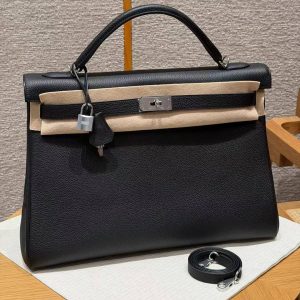 Hermes Kelly 40 Bag Handmade In Togo Calfskin Leather Silver Hardware 89 Noir