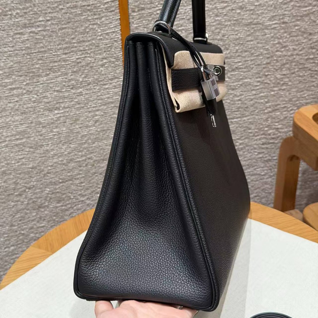 Hermes Kelly 40 Bag Handmade In Togo Calfskin Leather Silver Hardware 89 Noir - Image 17