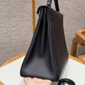 Hermes Kelly 40 Bag Handmade In Togo Calfskin Leather Silver Hardware 89 Noir - Image 16