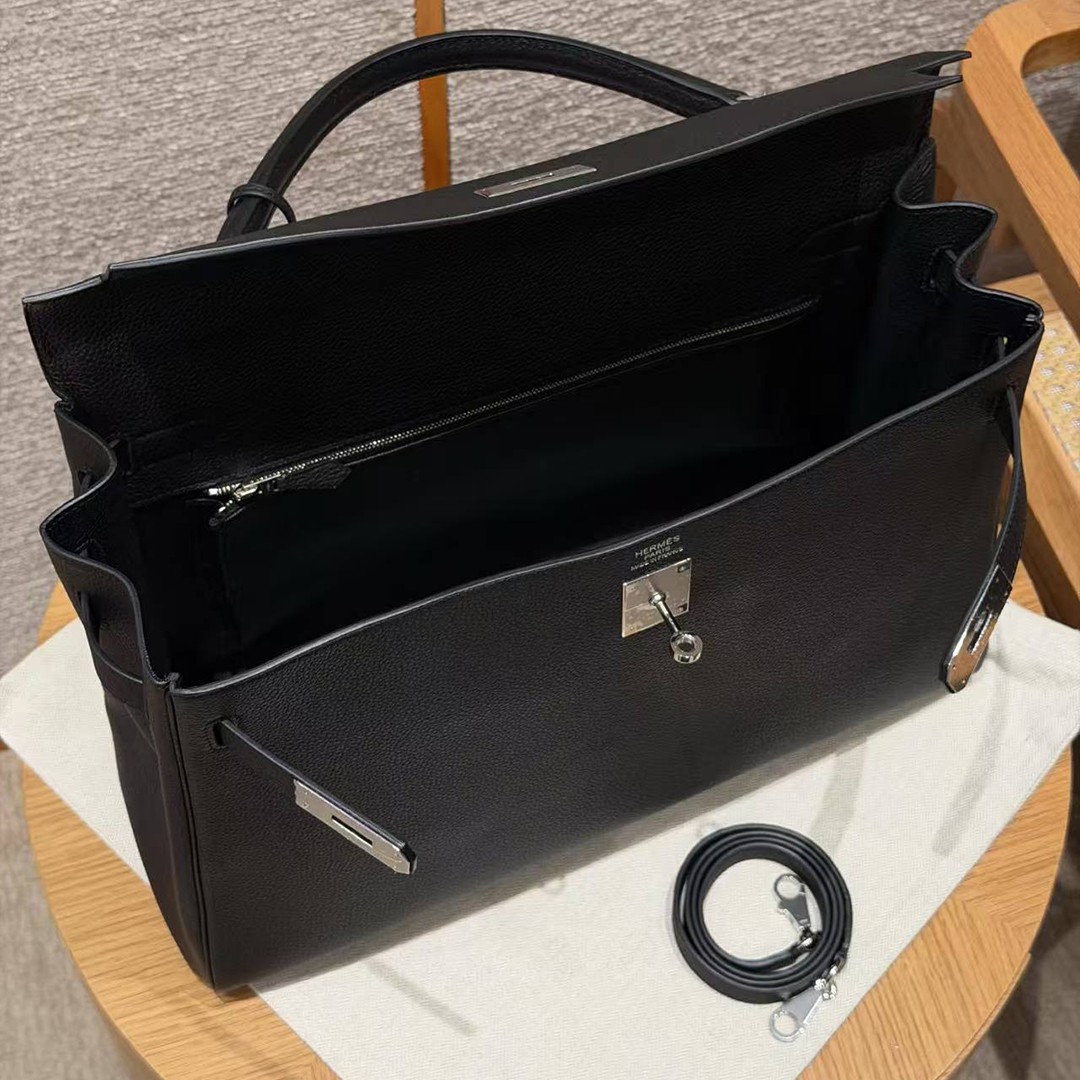 Hermes Kelly 40 Bag Handmade In Togo Calfskin Leather Silver Hardware 89 Noir - Image 14