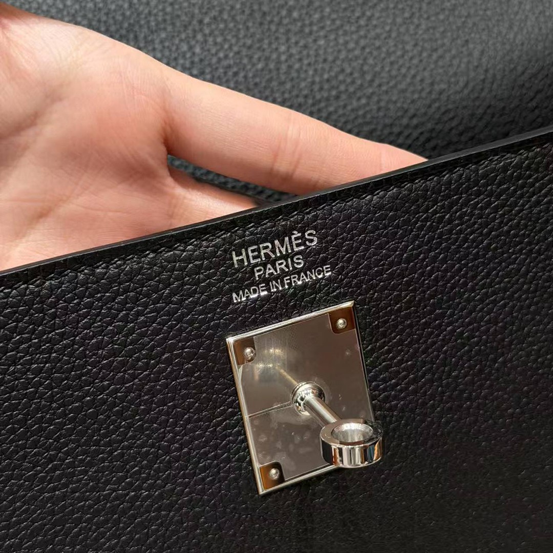 Hermes Kelly 40 Bag Handmade In Togo Calfskin Leather Silver Hardware 89 Noir - Image 13