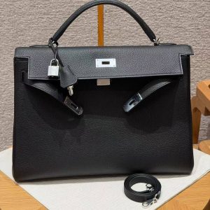 Hermes Kelly 40 Bag Handmade In Togo Calfskin Leather Silver Hardware 89 Noir - Image 10
