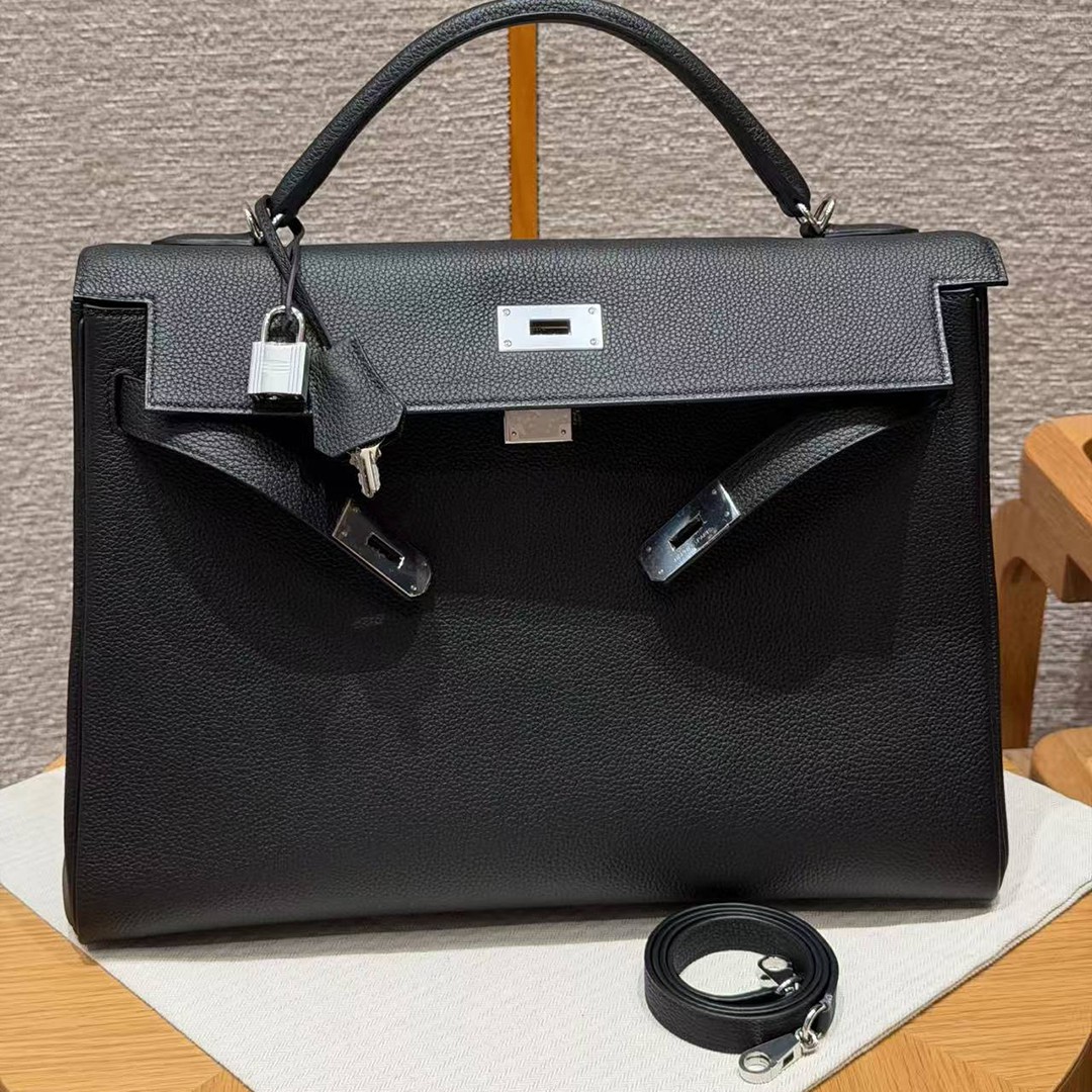 Hermes Kelly 40 Bag Handmade In Togo Calfskin Leather Silver Hardware 89 Noir - Image 10