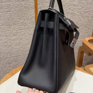 Hermes Kelly 40 Bag Handmade In Togo Calfskin Leather Silver Hardware 89 Noir - Image 9