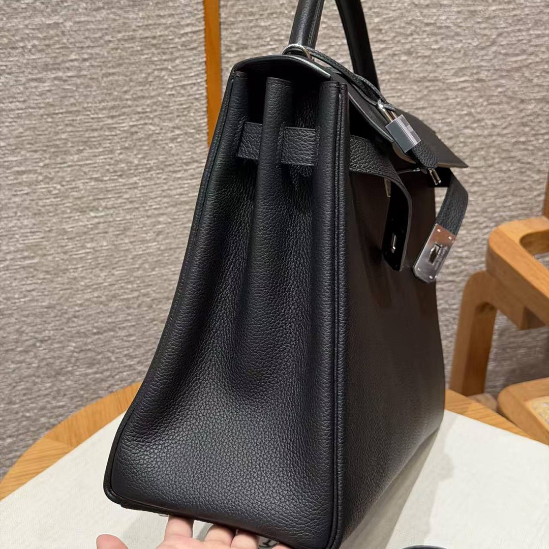 Hermes Kelly 40 Bag Handmade In Togo Calfskin Leather Silver Hardware 89 Noir - Image 9