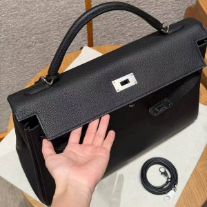 Hermes Kelly 40 Bag Handmade In Togo Calfskin Leather Silver Hardware 89 Noir - Image 8