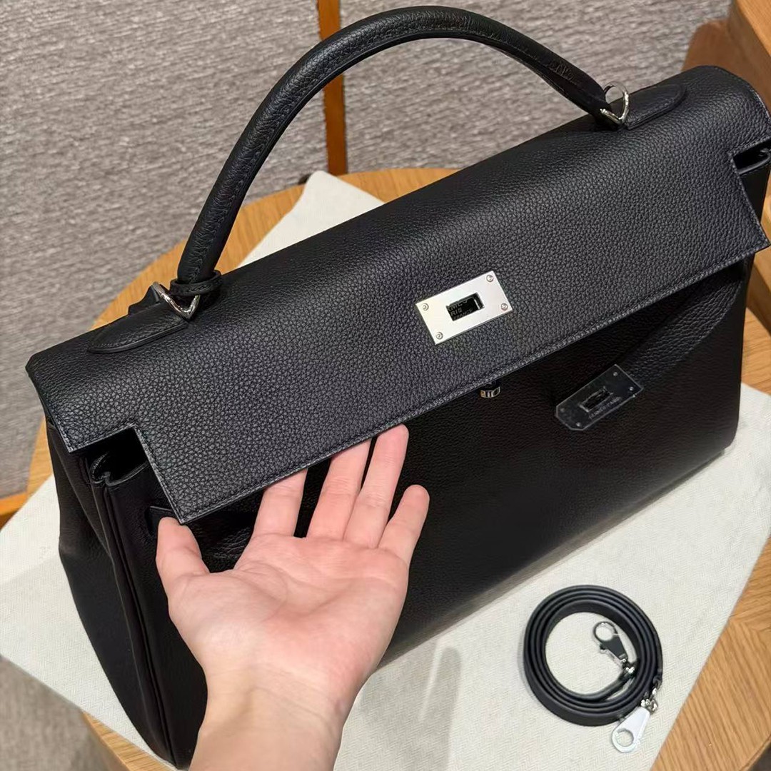 Hermes Kelly 40 Bag Handmade In Togo Calfskin Leather Silver Hardware 89 Noir - Image 8