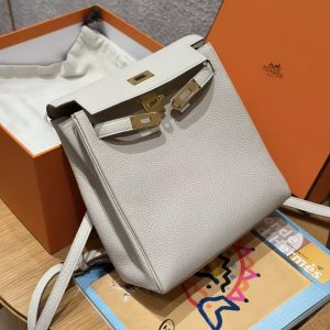 Hermes Kelly Ado Backpack Handmade In Togo Calfskin Leather Gold Hardware 10 Craie - Image 9