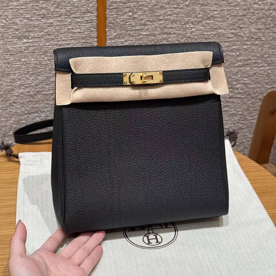 Hermes Kelly Ado Backpack Handmade In Togo Calfskin Leather Gold Hardware 89 Noir