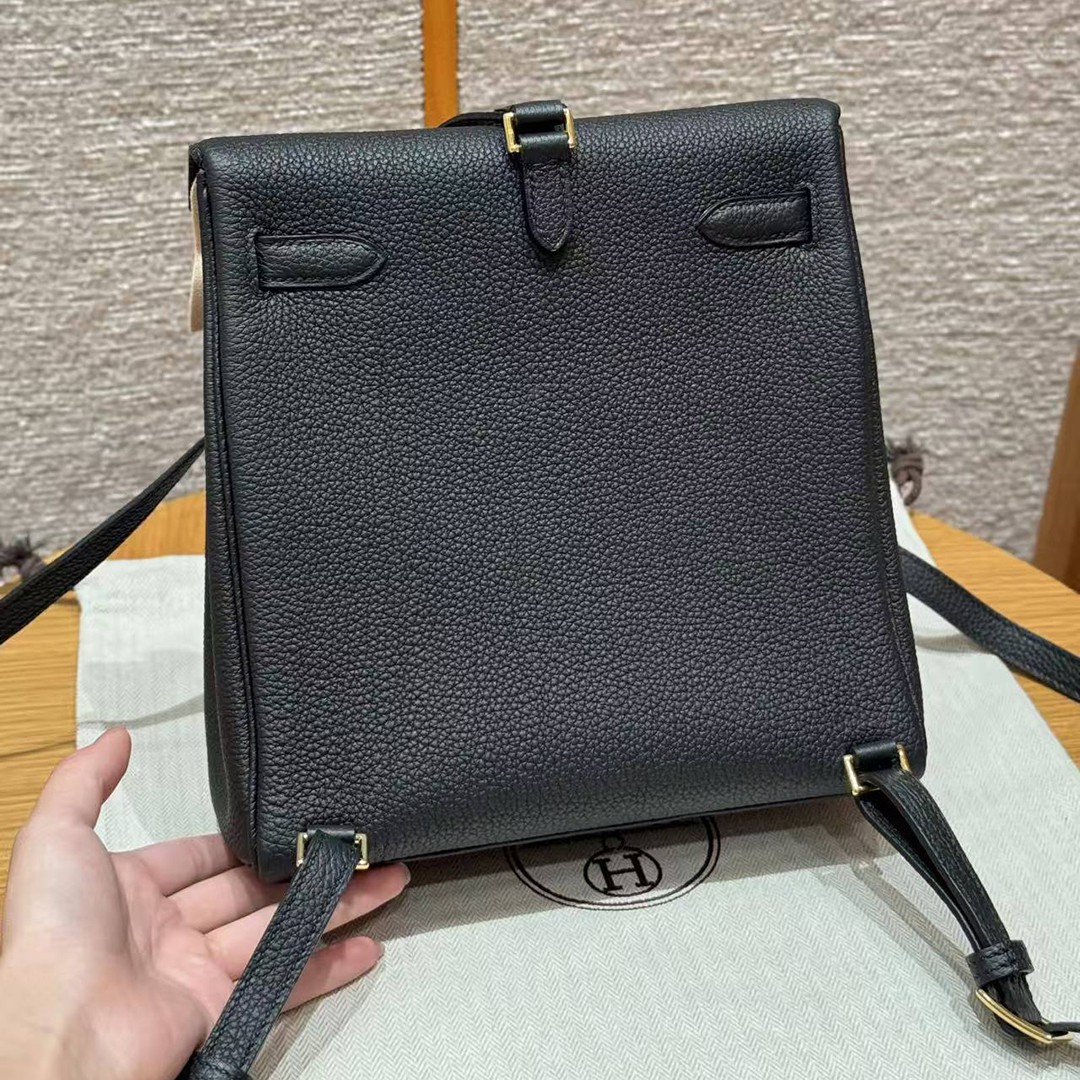 Hermes Kelly Ado Backpack Handmade In Togo Calfskin Leather Gold Hardware 89 Noir - Image 2