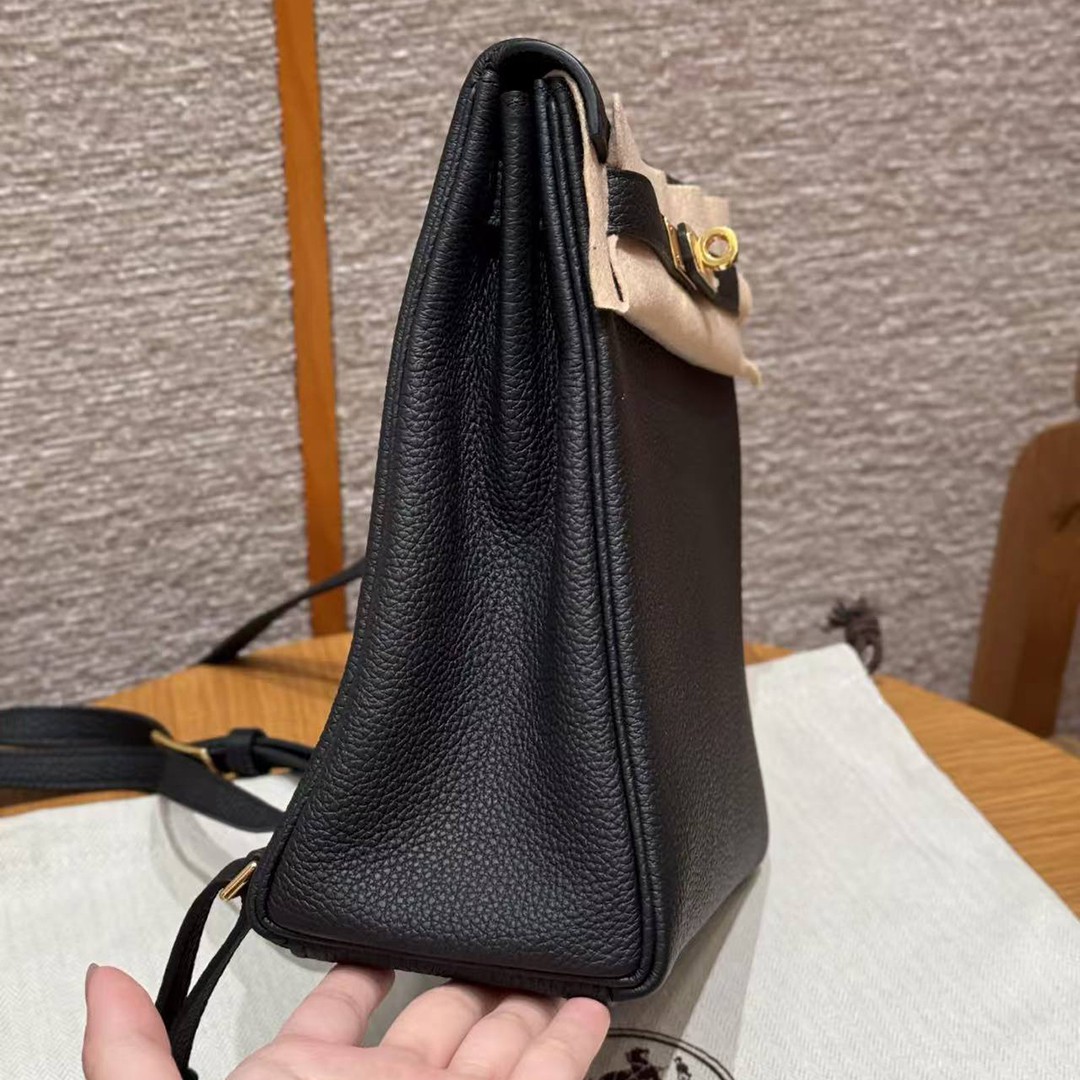Hermes Kelly Ado Backpack Handmade In Togo Calfskin Leather Gold Hardware 89 Noir - Image 14