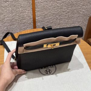 Hermes Kelly Ado Backpack Handmade In Togo Calfskin Leather Gold Hardware 89 Noir - Image 8