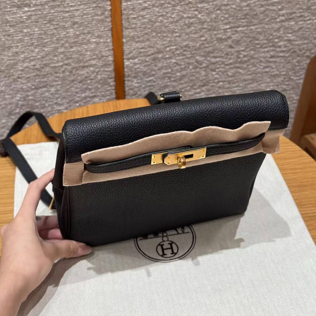 Hermes Kelly Ado Backpack Handmade In Togo Calfskin Leather Gold Hardware 89 Noir - Image 8