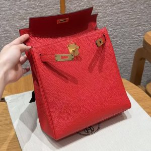 Hermes Kelly Ado Backpack Handmade In Togo Calfskin Leather Gold Hardware Q5 Rouge Casaque - Image 9