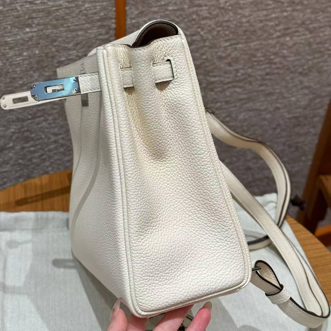 Hermes Kelly Ado Backpack Handmade In Togo Calfskin Leather Silver Hardware i2 Nata - Image 14
