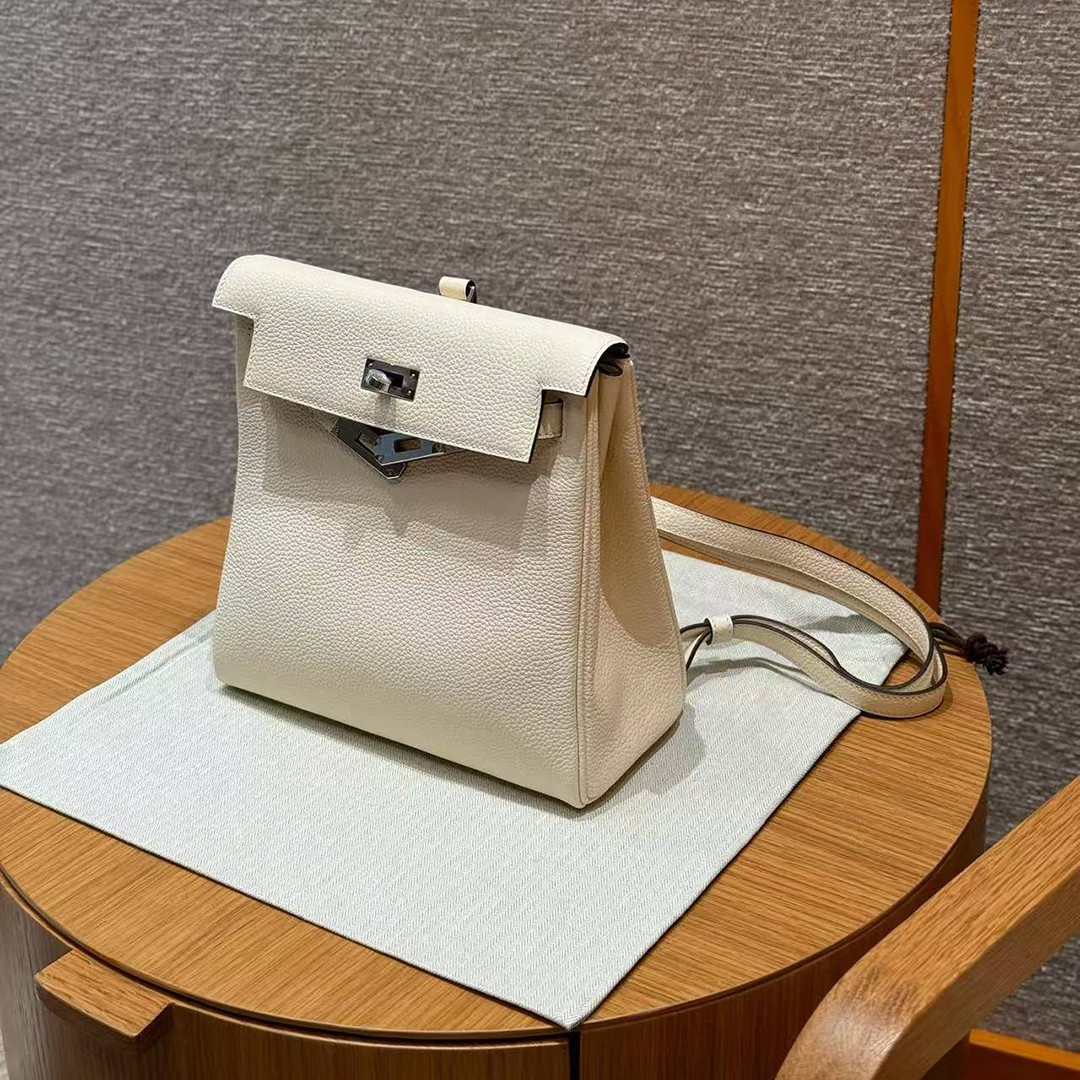 Hermes Kelly Ado Backpack Handmade In Togo Calfskin Leather Silver Hardware i2 Nata - Image 3