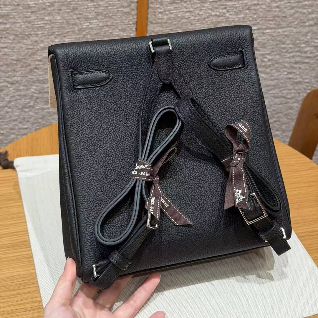 Hermes Kelly Ado Backpack Handmade In Togo Calfskin Leather Sliver Hardware 89 Noir - Image 2