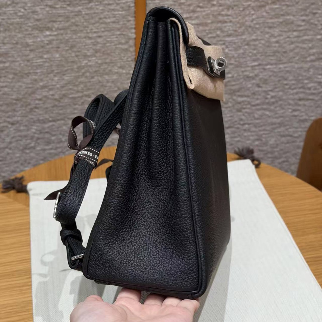 Hermes Kelly Ado Backpack Handmade In Togo Calfskin Leather Sliver Hardware 89 Noir - Image 19