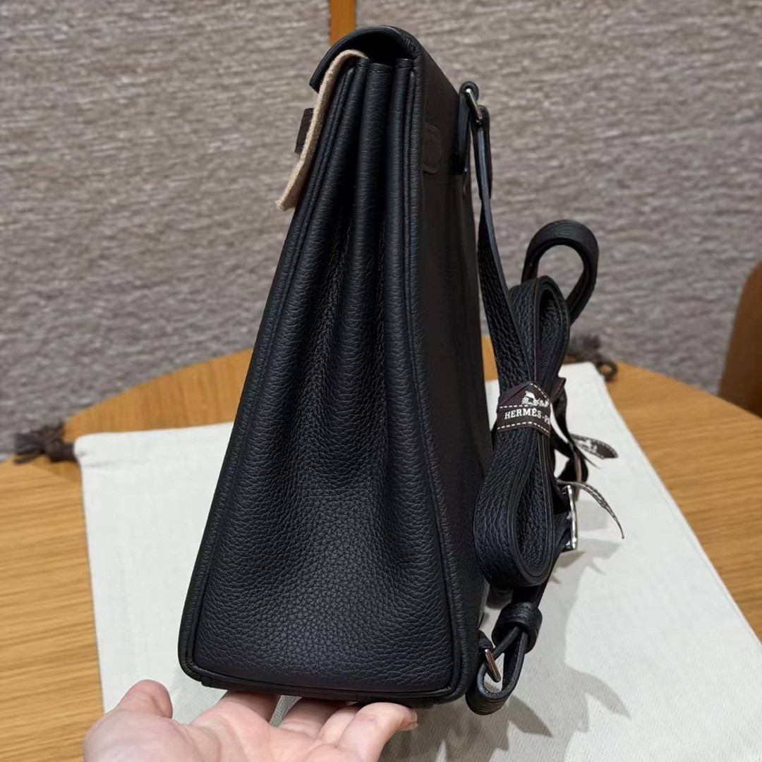 Hermes Kelly Ado Backpack Handmade In Togo Calfskin Leather Sliver Hardware 89 Noir - Image 18