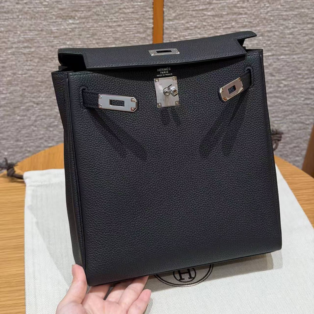 Hermes Kelly Ado Backpack Handmade In Togo Calfskin Leather Sliver Hardware 89 Noir - Image 12