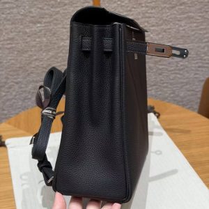 Hermes Kelly Ado Backpack Handmade In Togo Calfskin Leather Sliver Hardware 89 Noir - Image 11