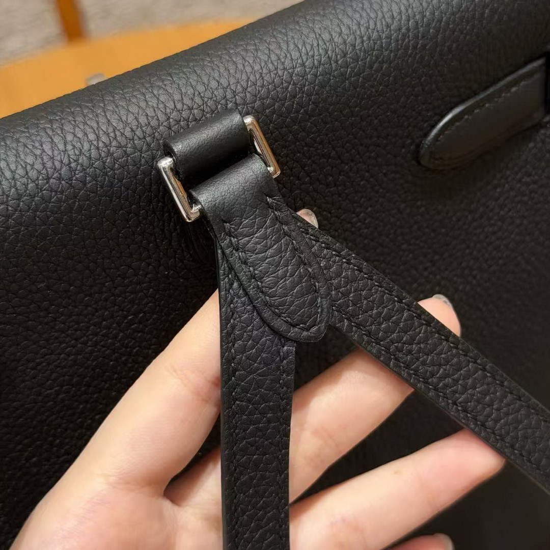 Hermes Kelly Ado Backpack Handmade In Togo Calfskin Leather Sliver Hardware 89 Noir - Image 4