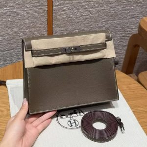 Hermes Kelly Danse 22 Bag Handmade In Evercolor Calfskin Leather Silver Hardware 18 Etoupe