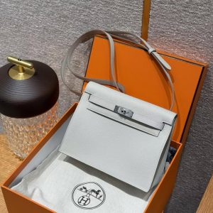 Hermes Kelly Danse 22 Bag Handmade In Evercolor Calfskin Leather Silver Hardware 80 Pearl Gray - Image 10