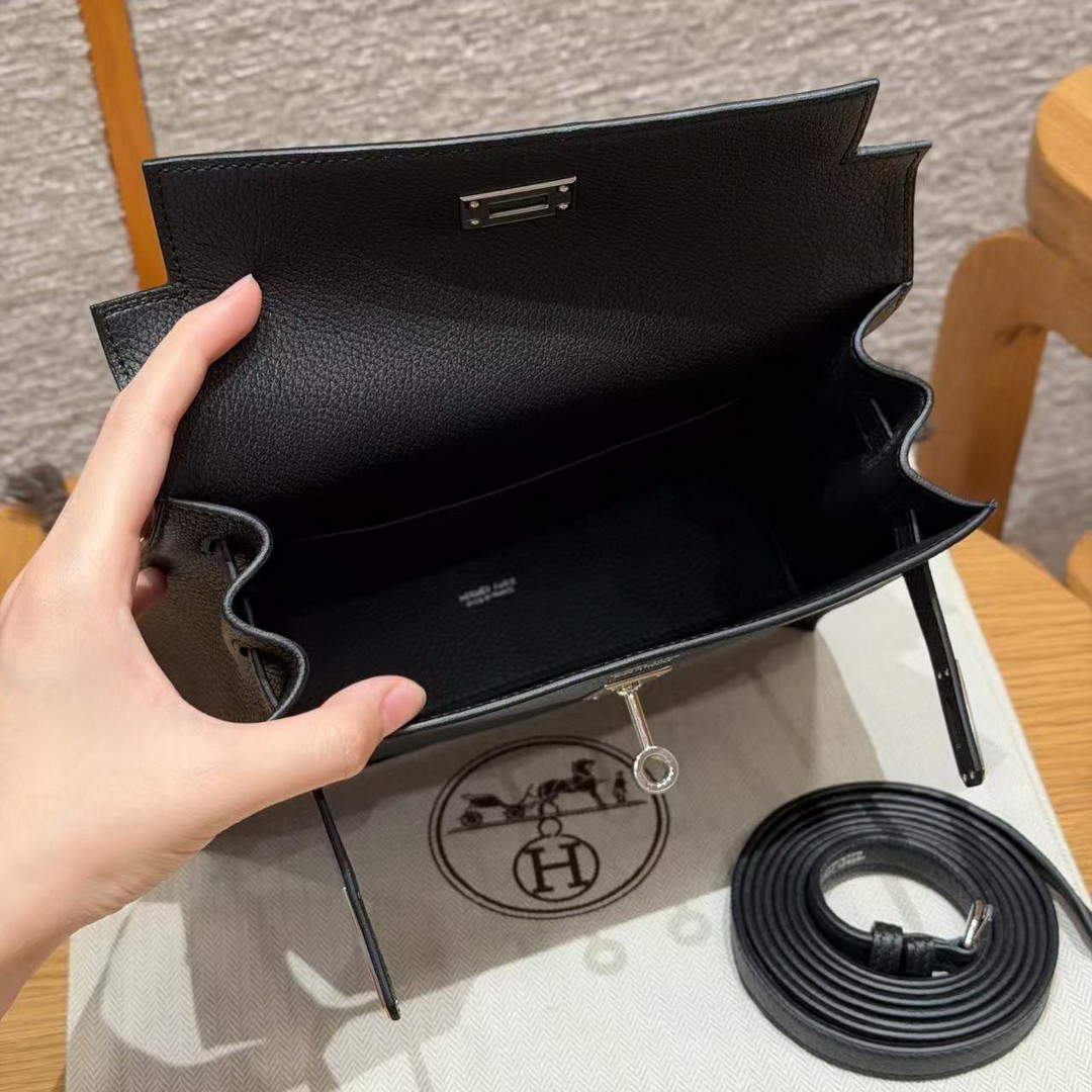 Hermes Kelly Danse 22 Bag Handmade In Evercolor Calfskin Leather Silver Hardware 89 Noir - Image 8