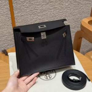 Hermes Kelly Danse 22 Bag Handmade In Evercolor Calfskin Leather Silver Hardware 89 Noir - Image 3