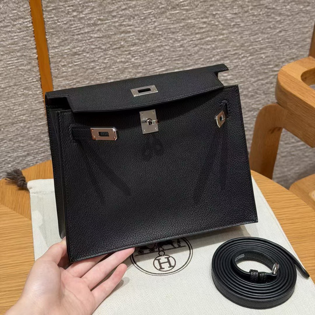 Hermes Kelly Danse 22 Bag Handmade In Evercolor Calfskin Leather Silver Hardware 89 Noir - Image 3