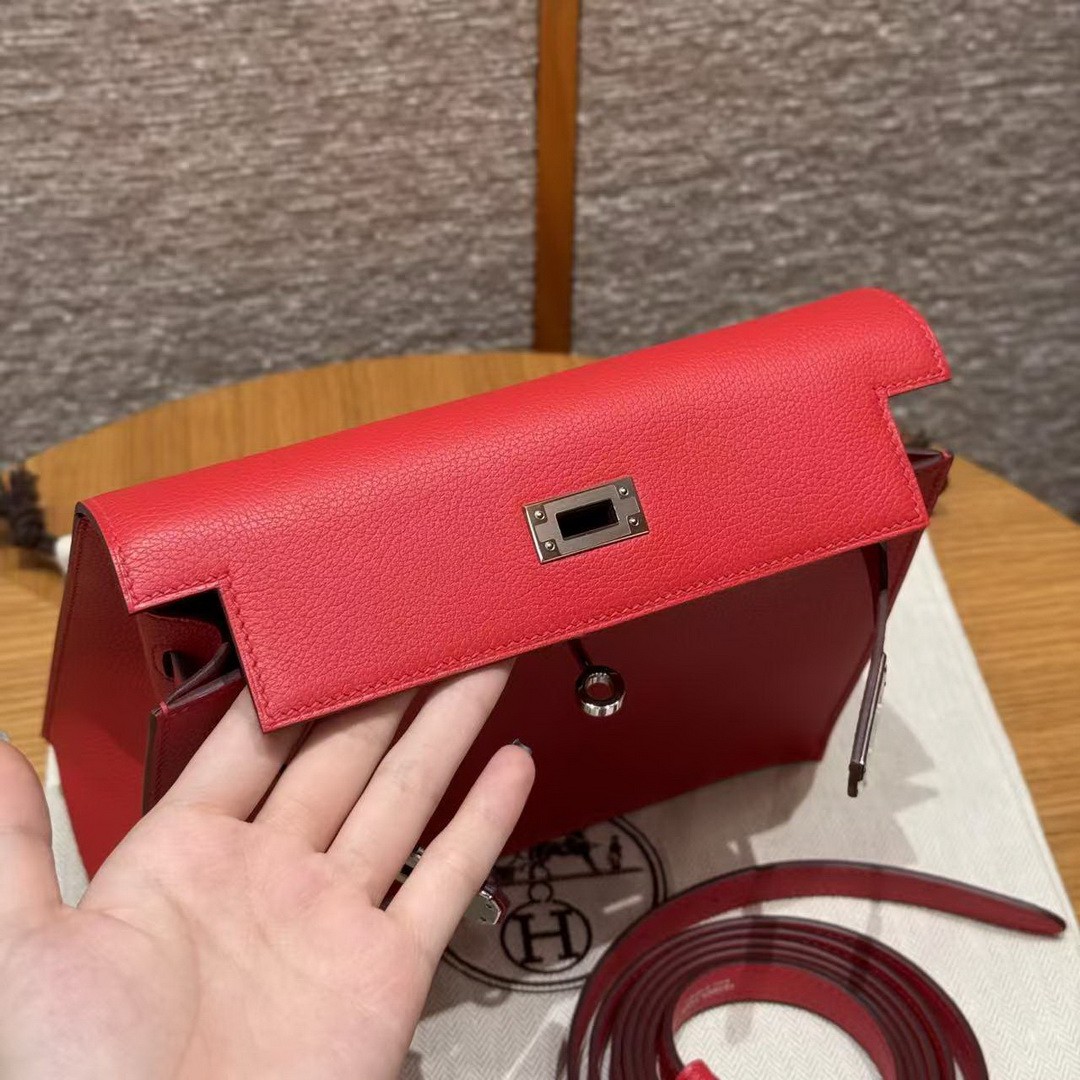 Hermes Kelly Danse 22 Bag Handmade In Evercolor Calfskin Leather Silver Hardware Q5 Rouge Casaque - Image 23