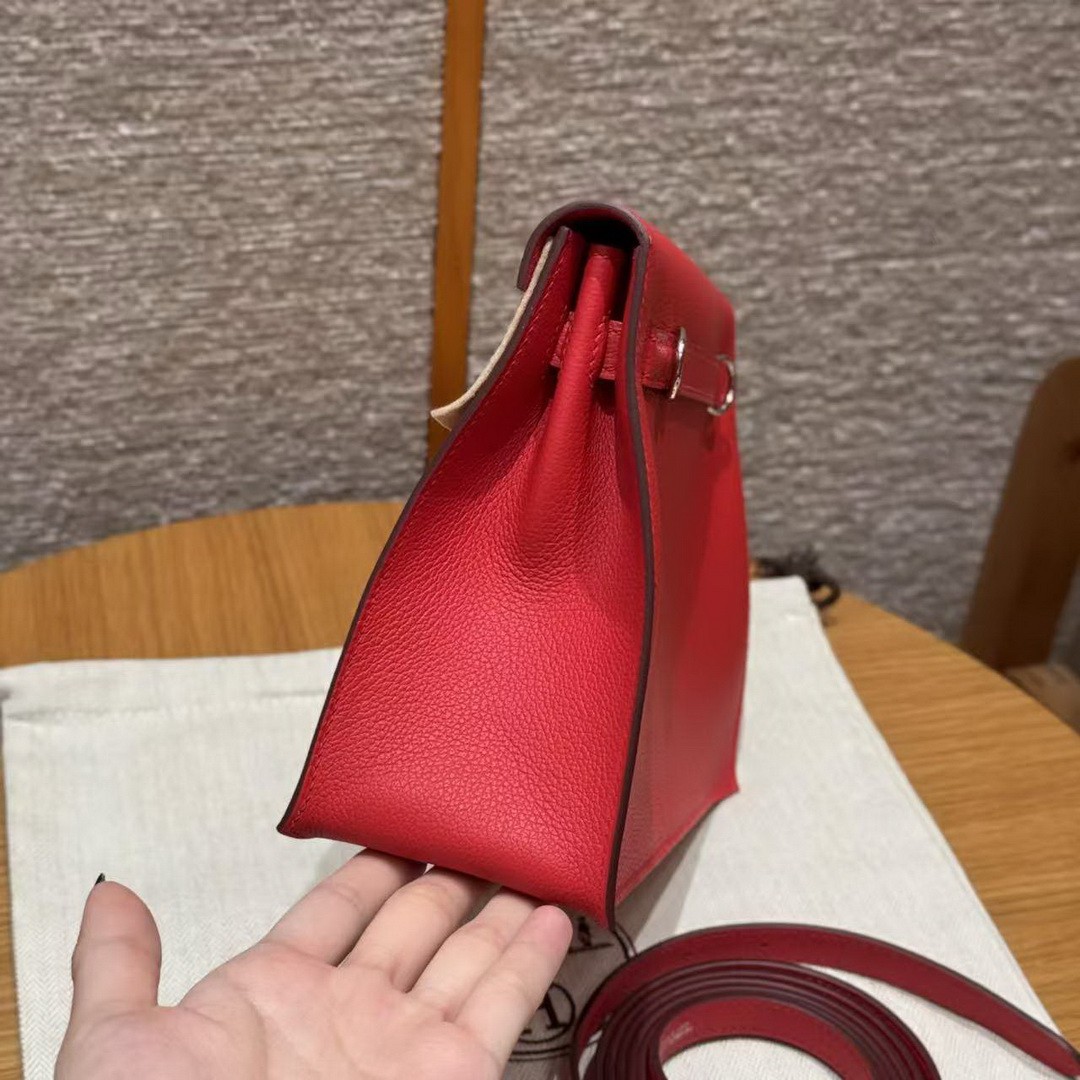 Hermes Kelly Danse 22 Bag Handmade In Evercolor Calfskin Leather Silver Hardware Q5 Rouge Casaque - Image 15