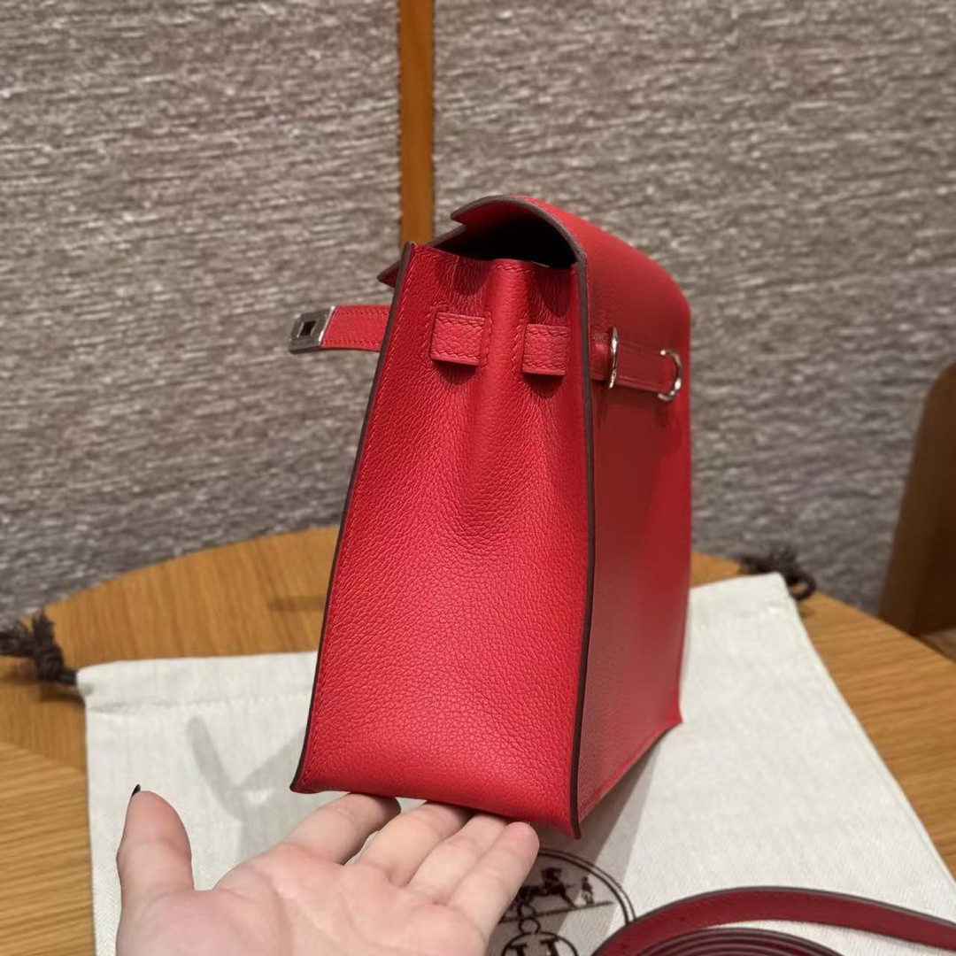 Hermes Kelly Danse 22 Bag Handmade In Evercolor Calfskin Leather Silver Hardware Q5 Rouge Casaque - Image 14