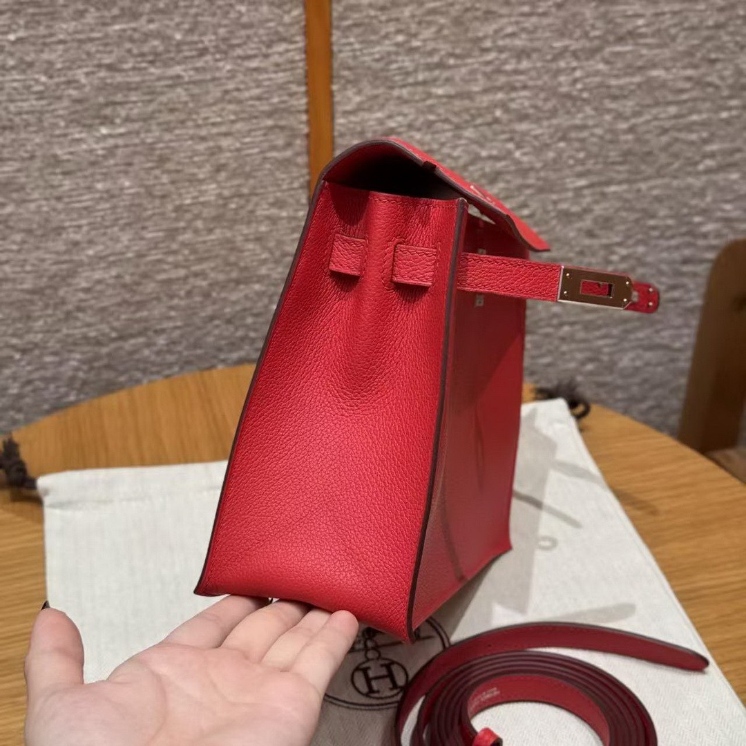 Hermes Kelly Danse 22 Bag Handmade In Evercolor Calfskin Leather Silver Hardware Q5 Rouge Casaque - Image 13