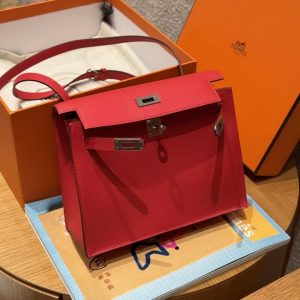 Hermes Kelly Danse 22 Bag Handmade In Evercolor Calfskin Leather Silver Hardware Q5 Rouge Casaque - Image 3