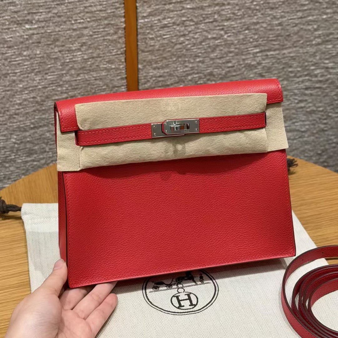 Hermes Kelly Danse 22 Bag Handmade In Evercolor Calfskin Leather Silver Hardware S3 Rouge Coeur