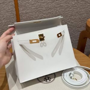 Hermes Kelly Danse 22 Bag Handmade In Swift Calfskin Leather Gold Hardware 01 Blanc - Image 4