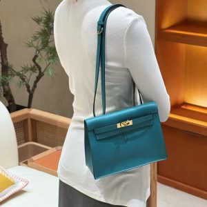 Hermes Kelly Danse 22 Bag Handmade In Swift Calfskin Leather Gold Hardware 7F Blue Paon - Image 4
