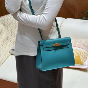 Hermes Kelly Danse 22 Bag Handmade In Swift Calfskin Leather Gold Hardware 7F Blue Paon - Image 3