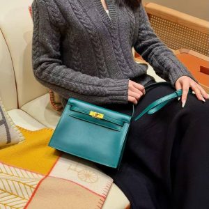 Hermes Kelly Danse 22 Bag Handmade In Swift Calfskin Leather Gold Hardware W0 Vert Bosphore - Image 12