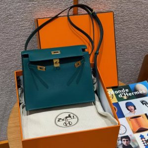 Hermes Kelly Danse 22 Bag Handmade In Swift Calfskin Leather Gold Hardware W0 Vert Bosphore - Image 11