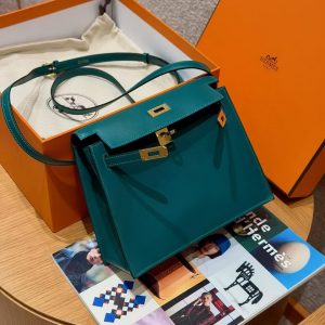 Hermes Kelly Danse 22 Bag Handmade In Swift Calfskin Leather Gold Hardware W0 Vert Bosphore - Image 3