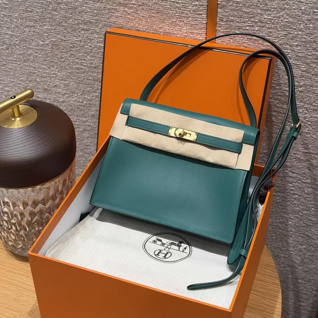 Hermes Kelly Danse 22 Bag Handmade In Swift Calfskin Leather Gold Hardware z6 Makachite - Image 13
