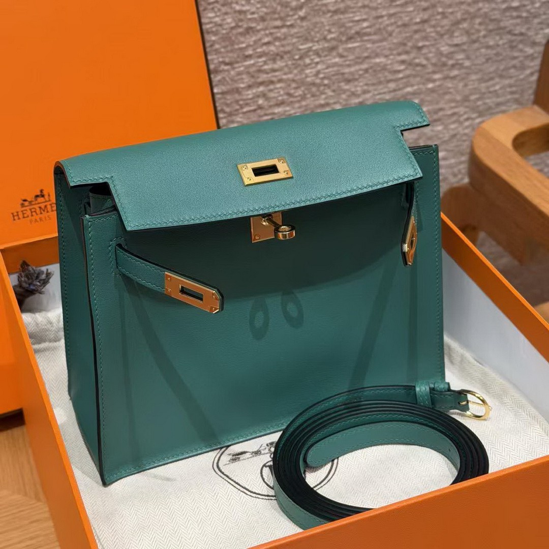 Hermes Kelly Danse 22 Bag Handmade In Swift Calfskin Leather Gold Hardware z6 Makachite - Image 12
