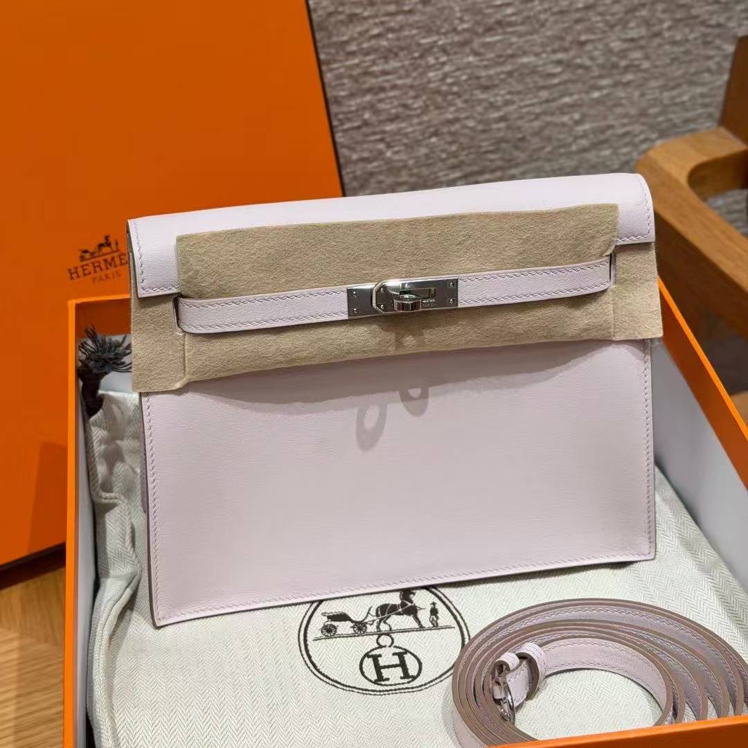 Hermes Kelly Danse 22 Bag Handmade In Swift Calfskin Leather Silver Hardware 09 Mauve Pale