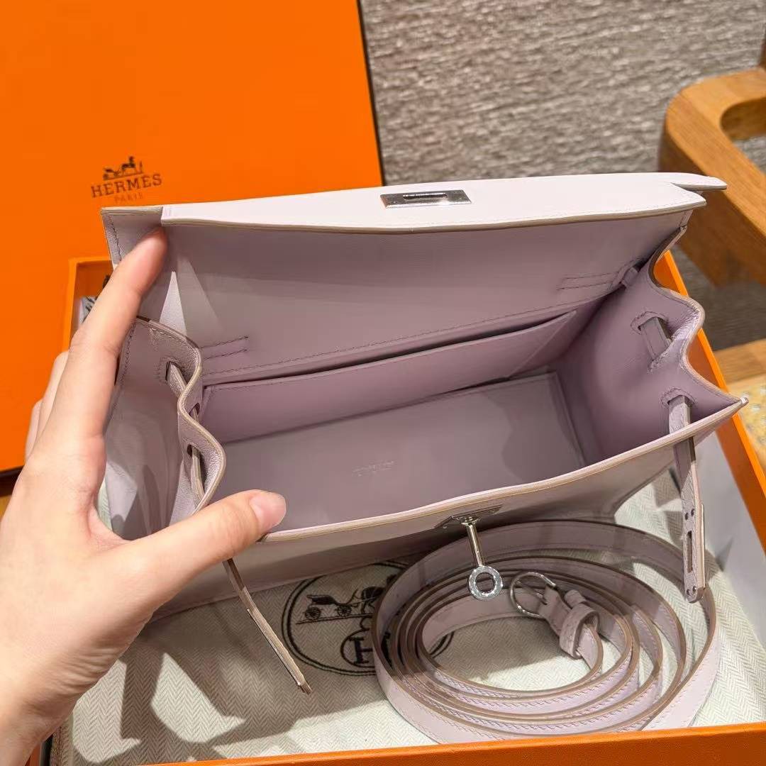 Hermes Kelly Danse 22 Bag Handmade In Swift Calfskin Leather Silver Hardware 09 Mauve Pale - Image 14
