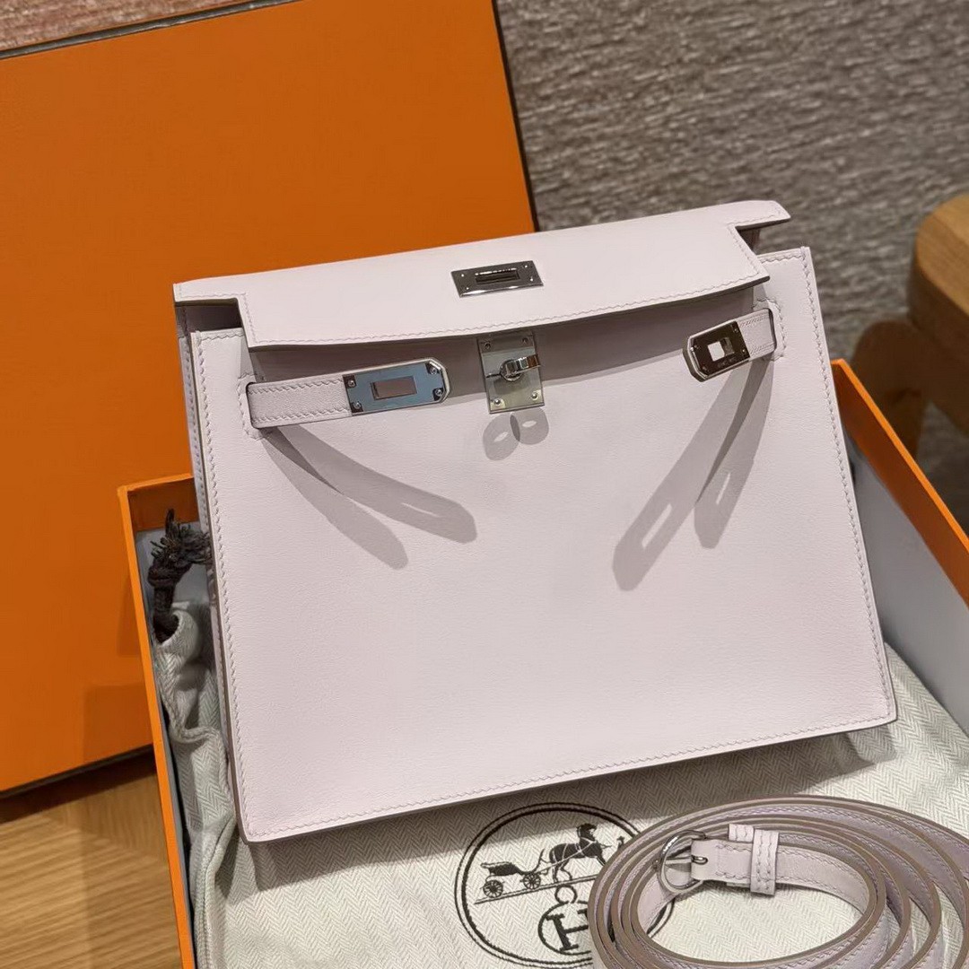 Hermes Kelly Danse 22 Bag Handmade In Swift Calfskin Leather Silver Hardware 09 Mauve Pale - Image 11