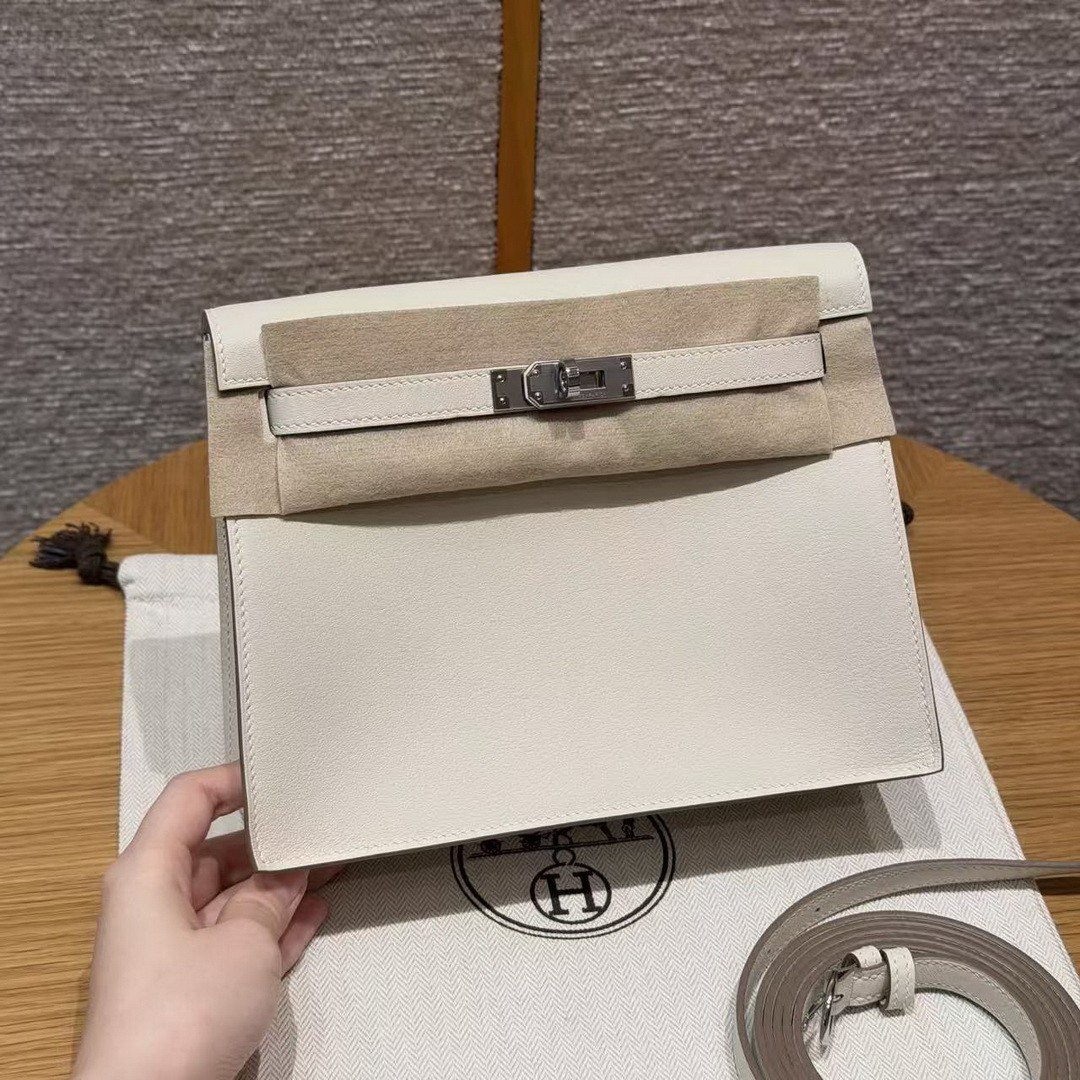 Hermes Kelly Danse 22 Bag Handmade In Swift Calfskin Leather Silver Hardware 10 Craie
